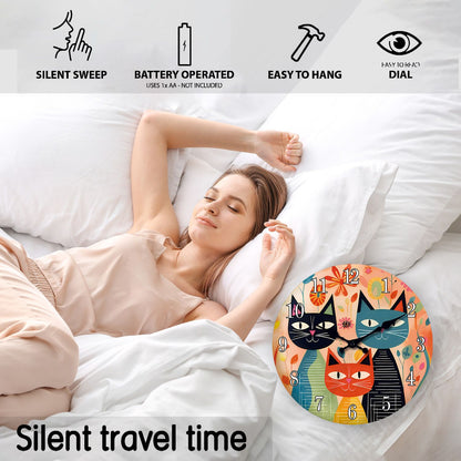 Retro Art Cute Cat Family Wooden Wall Clock Living Room Bedroom Kitchen Home Decoration Wall Clock Silent Quartz Clock Holiday Gift 10 Inch 12 Inch 14 Inch 16inch (No Battery)