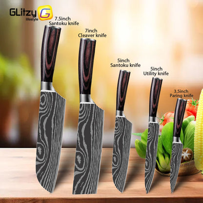Conjunto de Facas Japonesas com Bloco e Amolador de 8 polegadas, Facas de Cozinha de Aço Damasco a Laser com Tesoura de Cozinha e Cabo de Madeira