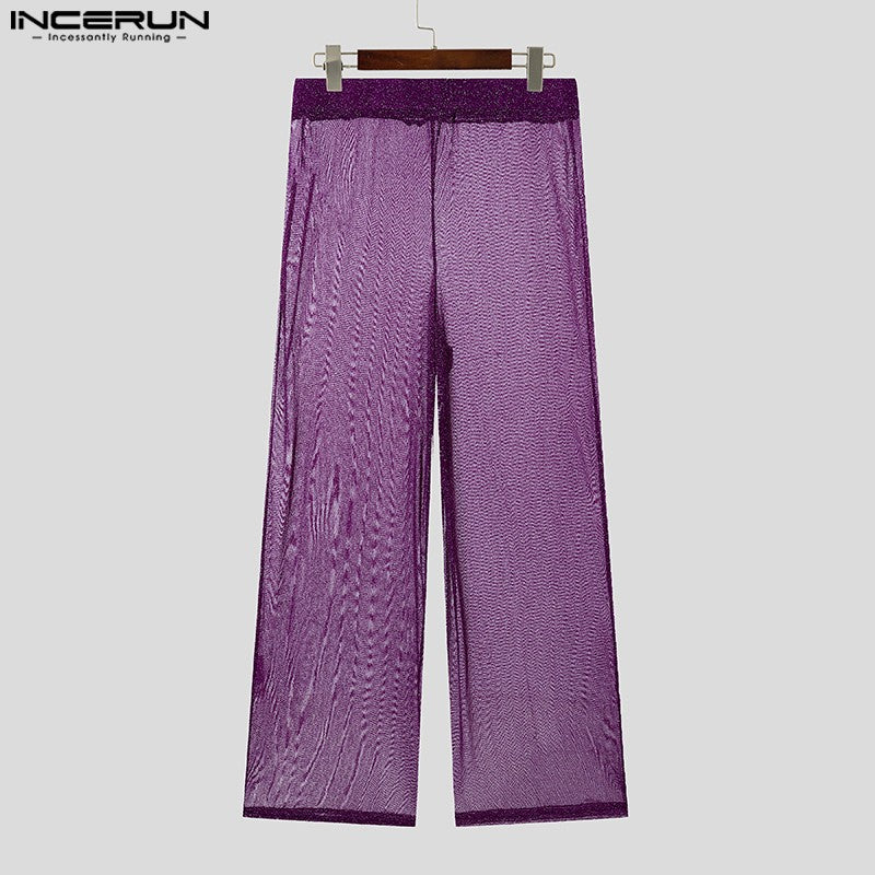 Shiny Men Casual Trousers 2024 Men Fashion Long Pnats INCERUN Elastic Waist See Through Wide Leg Bottoms Trousers Men