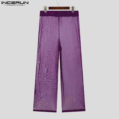 Shiny Men Casual Trousers 2024 Men Fashion Long Pnats INCERUN Elastic Waist See Through Wide Leg Bottoms Trousers Men
