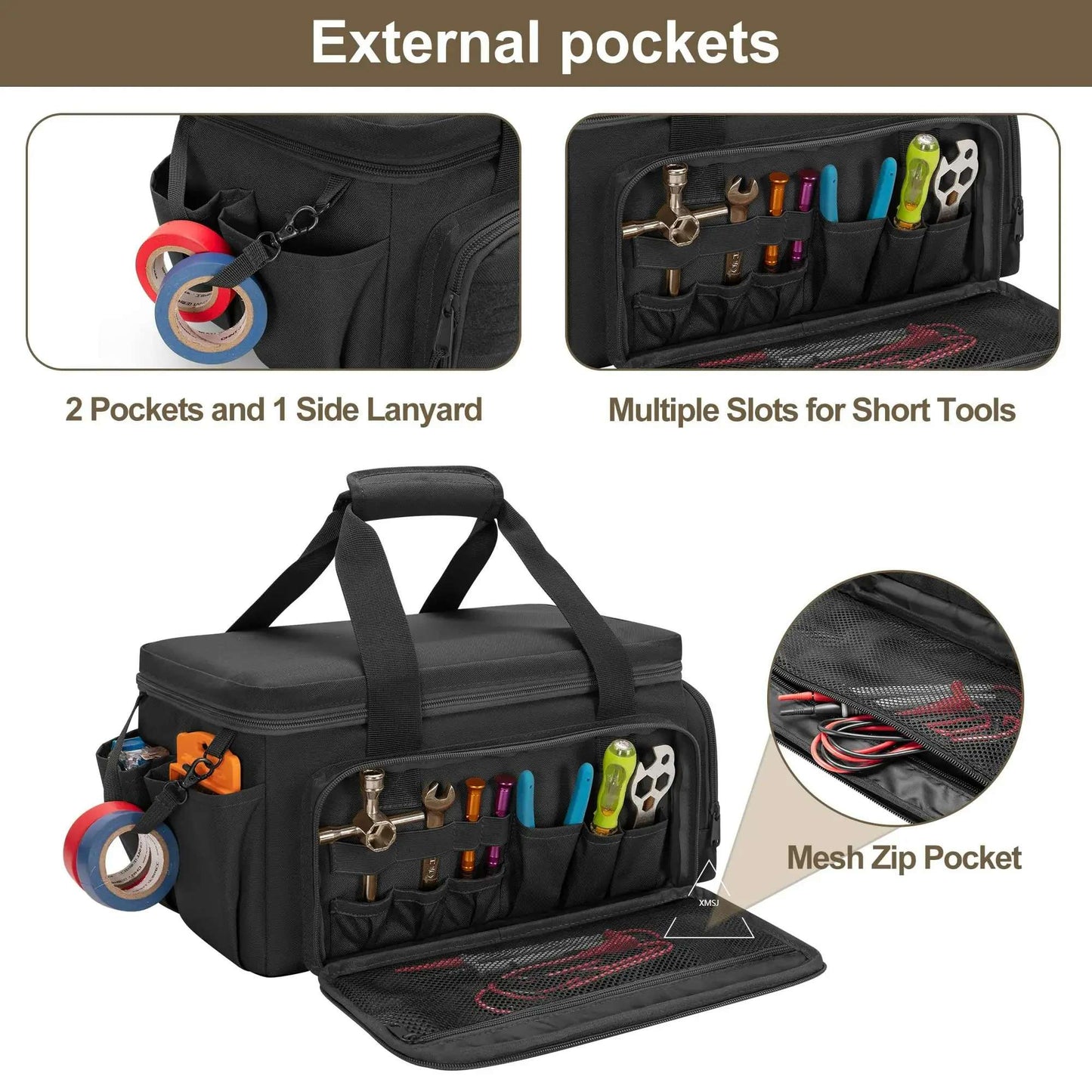 XMSJ Bolsa de Ferramentas Tática Reforçada de 14" Base Antiderrapante Organizador Multiuso para Homen de Serviço Carpinteiros Armazenamento de Ferramentas Durável Portátil