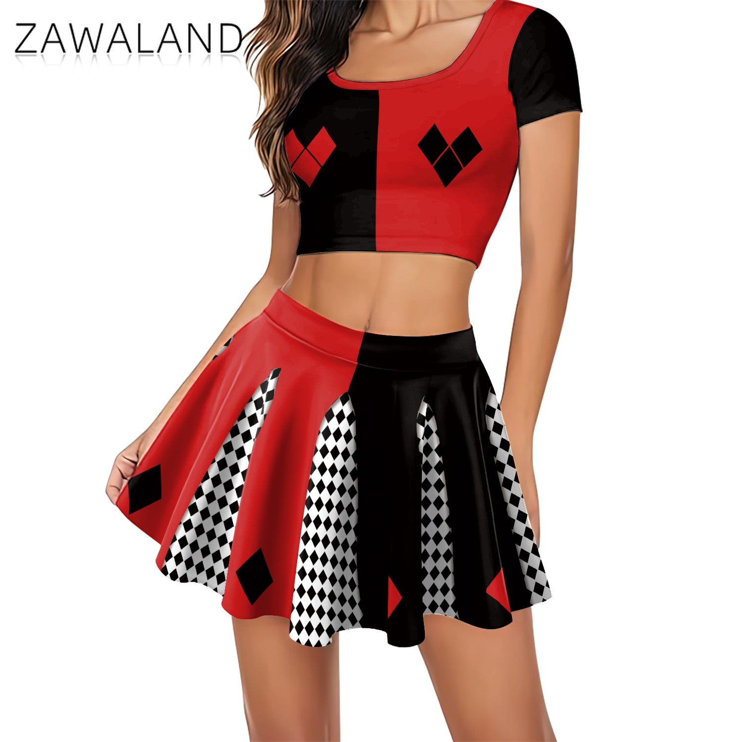 Movie Clown Cosplay Costume Halloween Harry Q Party Outfit Red Black Crop Top Performance Pleated Skirt Carnival Holiday Dresses