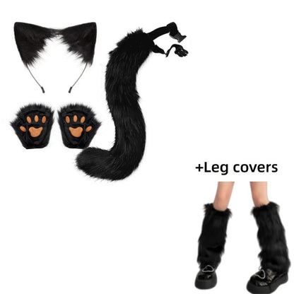 Costume Set Fox Tail Ears Gloves Artificial Fur Boot Covers Cosplay Halloween Prop Adult Women Men Unisex