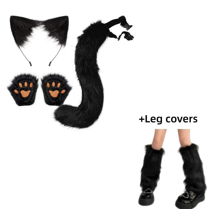 Costume Set Fox Tail Ears Gloves Artificial Fur Boot Covers Cosplay Halloween Prop Adult Women Men Unisex