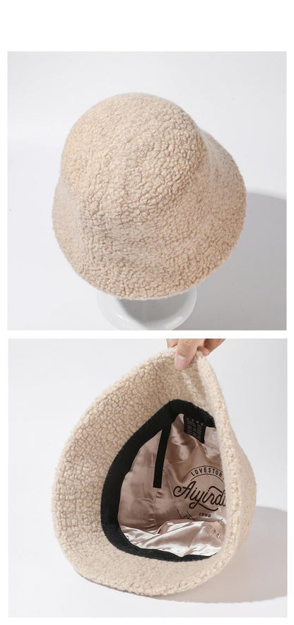 Chapéu Bucket Feminino Outono Inverno Lã Aba Larga Quebra-Sol Bob Cap Manter Quente Casual Vintage Acessórios de Chapéu Feminino