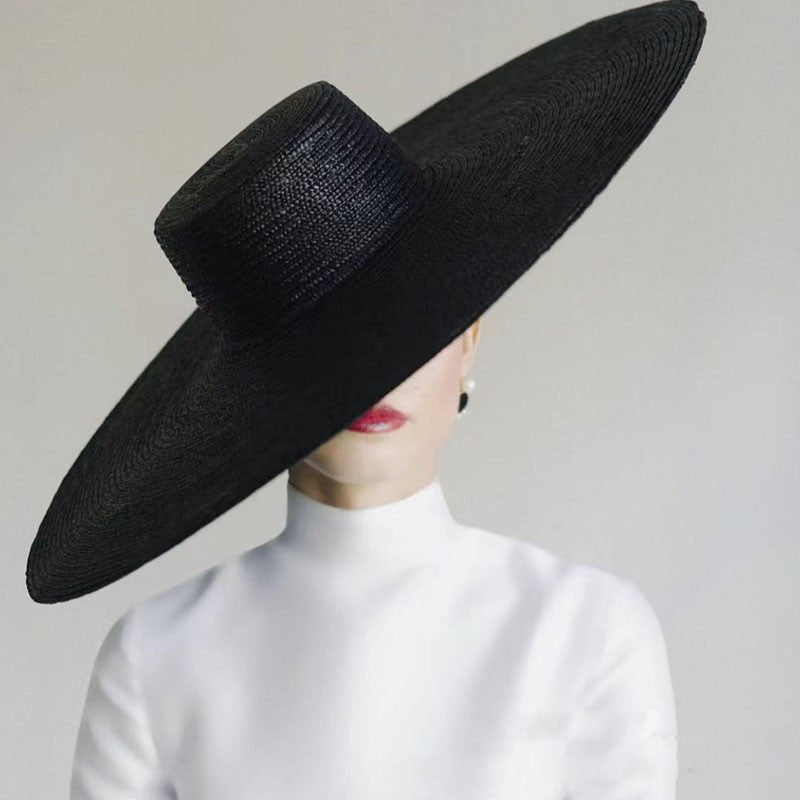 Chapéu de Palha Preto de Aba Larga 18cm, Topo Reto, Novo 2022 Primavera Verão, Chapéus de Palha para Mulheres, Elegante, Retrô Francês, Chapéu de Sol, Chapéu de Designer