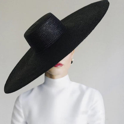 Chapéu de Palha Preto de Aba Larga 18cm, Topo Reto, Novo 2022 Primavera Verão, Chapéus de Palha para Mulheres, Elegante, Retrô Francês, Chapéu de Sol, Chapéu de Designer