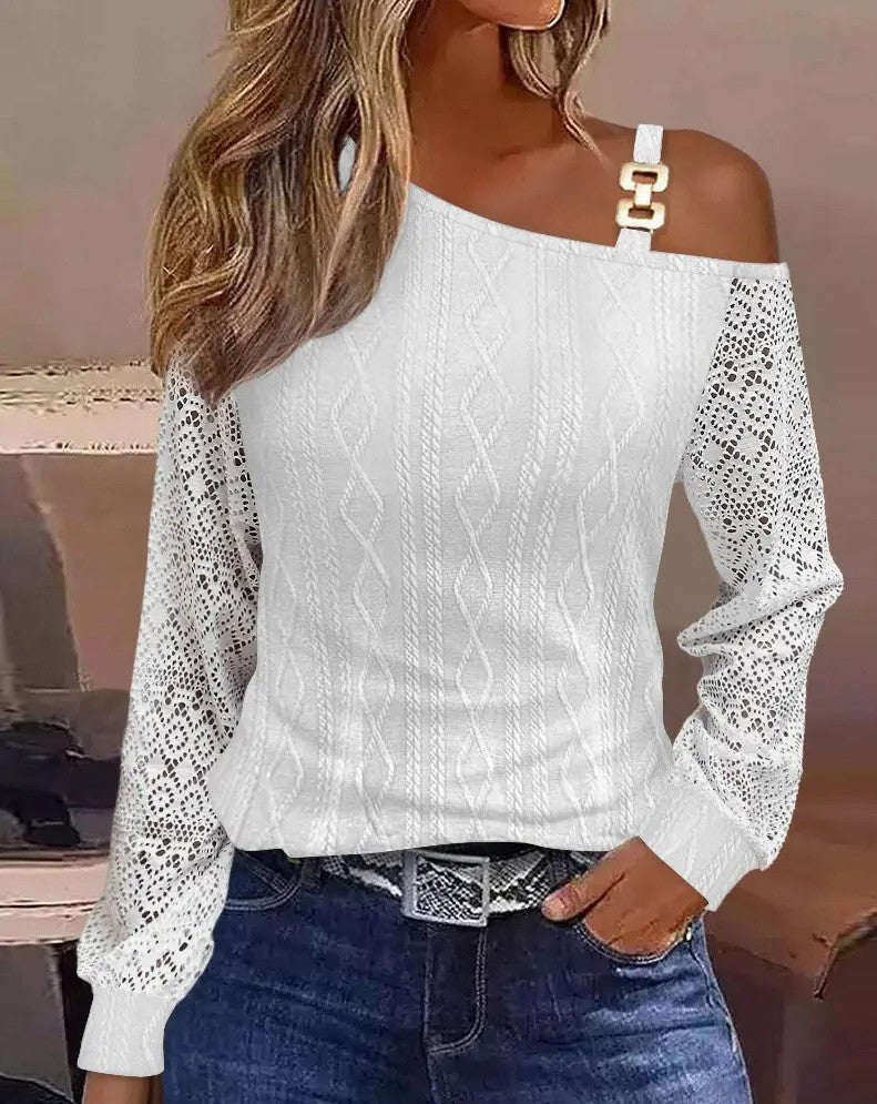 Elegant Women Sexy Loose Blouse 2025 Spring Winter One Shoulder Hollow Out Chain Hanging Neck Printed Button Fashion Female Tops