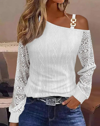 Elegant Women Sexy Loose Blouse 2025 Spring Winter One Shoulder Hollow Out Chain Hanging Neck Printed Button Fashion Female Tops