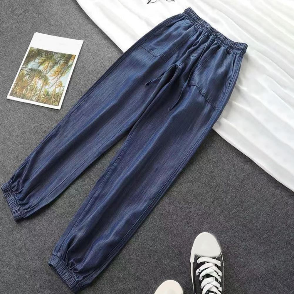 Summer Thin Ice Silk Jeans Women Elastic High Waist Drawstring Harem Pants Loose All-matched Beam Leg Nine Points Denim Pants