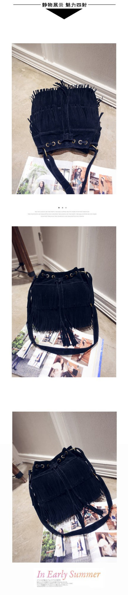 Fashion Retro Faux Suede Fringe Women Messenger Bags Tote New Handbag Tassel Shoulder Handbags Crossbody Bag Tassel Bucket