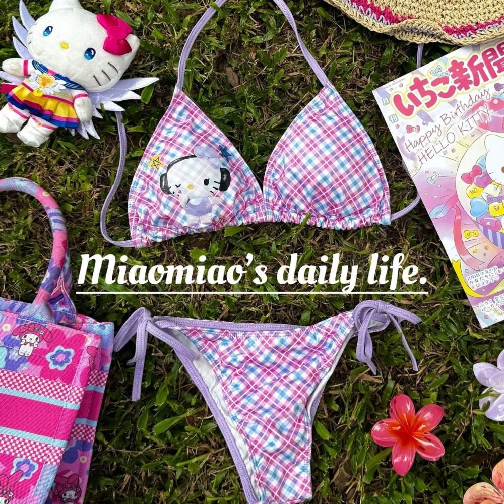 2Pcs Sexy Hot Girls Bikini Swimsuit Suit Y2K Hello Kitty Sanrios Anime Women Kitty Strap Underwear Bra Panties Beach Seaside Spa