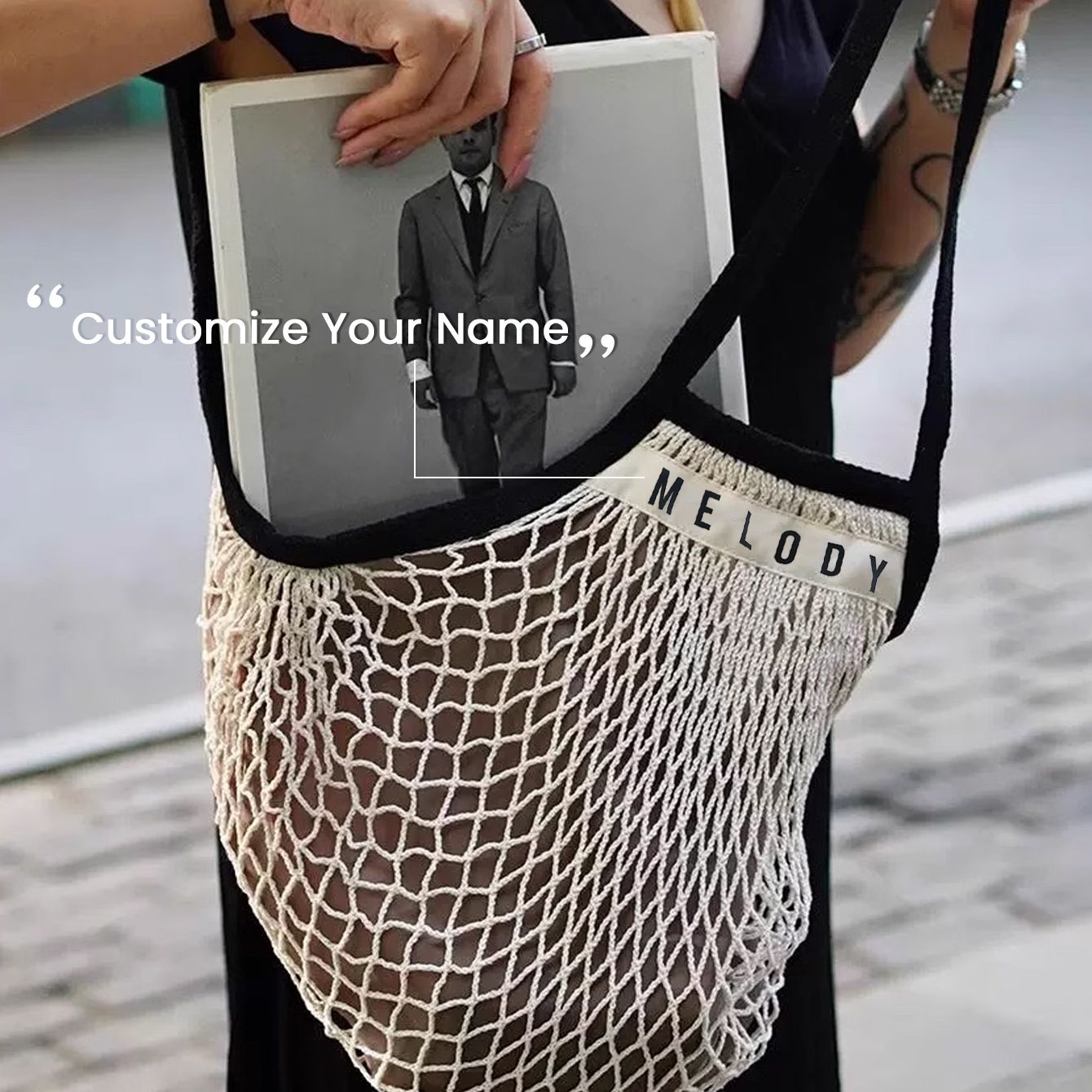 1PCS Personalised Name Mesh organic Cotton Bag with Long handle Reusable Washable Beach Bag Organizer for Shopping Grocery Bag