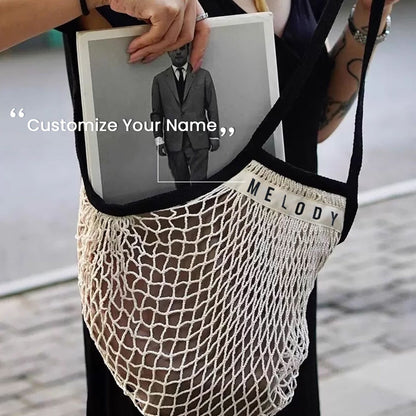 1PCS Personalised Name Mesh organic Cotton Bag with Long handle Reusable Washable Beach Bag Organizer for Shopping Grocery Bag