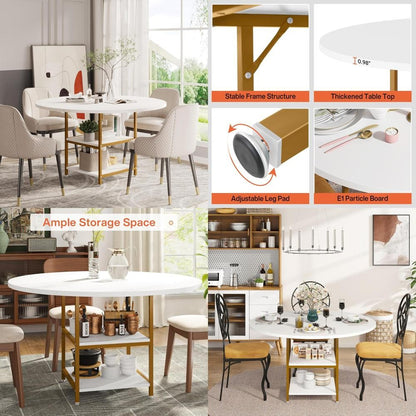 Golden 47 Round Dining Table for 4 with 2-Tier Storage for Kitchen