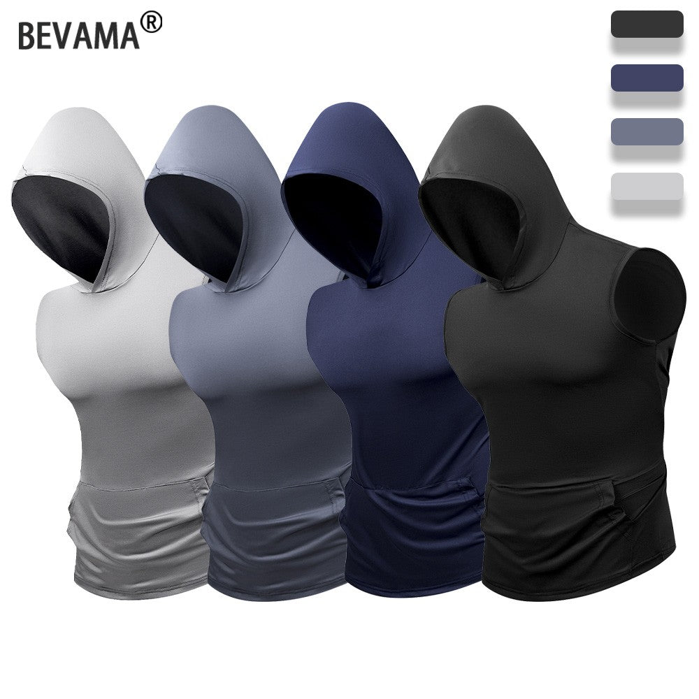 Men's Quick Dry Vest with Hoodies Solid Color GYM Tank Top Tees Summer Men's Sleeveless Pullover Fitness Swimming Running Shirt