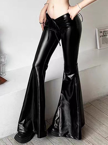 New Personality Drawstring Folding Bow PU Leather Flare Pants Europe And The United States Sexy Low Waist Solid Color Pants