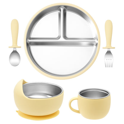 5PCS Stainless Steel Dishes Plate Baby Feeding Set With Detachable Silicone Sucker Bowl BPA Free Infant Fork Spoon Cup Gifts