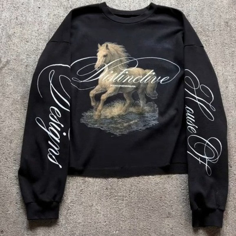Y2K Harajuku Retro Long Sleeve Print Line Galloping Steed Round Neck Tops Trendy Daily Hip Hop Unisex Autumn Loose Streetwear