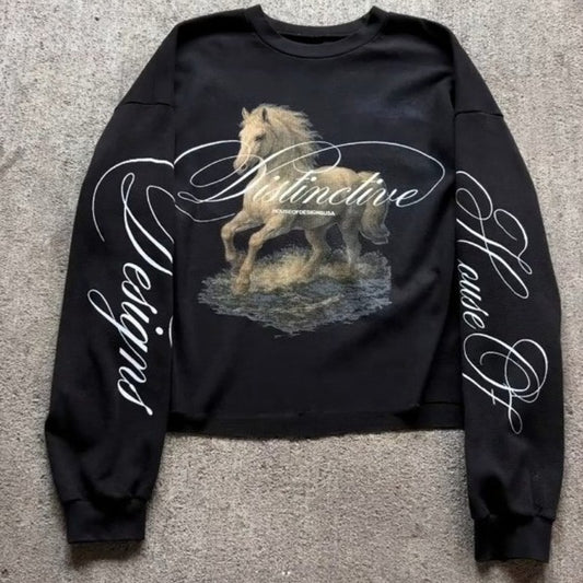 Y2K Harajuku Retro Long Sleeve Print Line Galloping Steed Round Neck Tops Trendy Daily Hip Hop Unisex Autumn Loose Streetwear