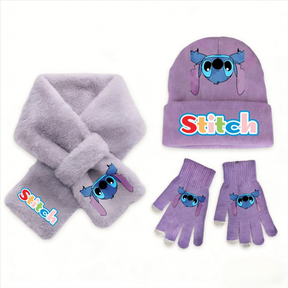 Conjunto de 3 peças de chapéu, cachecol e luvas de malha de inverno Stitch Disney Kawaii quente para meninas Acessórios casuais de moda infantil presente de Natal perfeito