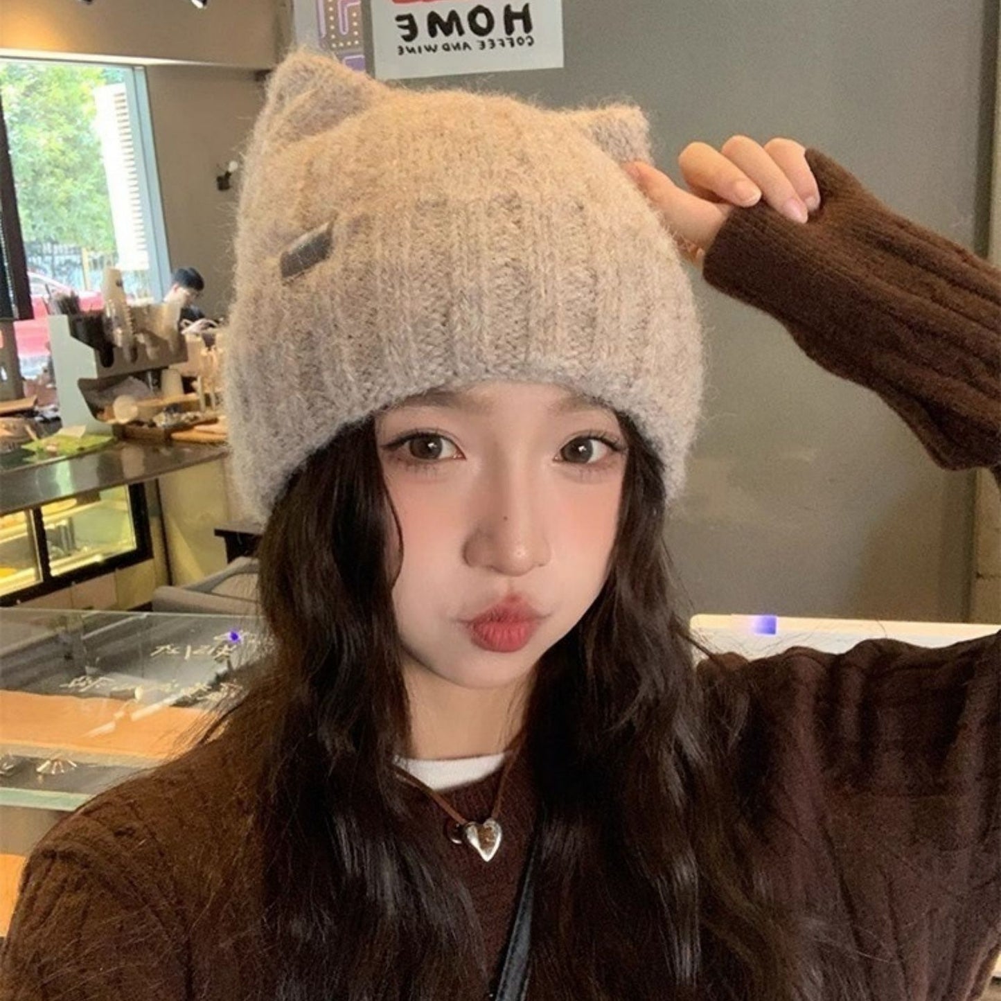 1PC Cat Ear Knitted Beanies, Cute Winter Warm Wool Hats For Women, Korean Style Fashion Headwear