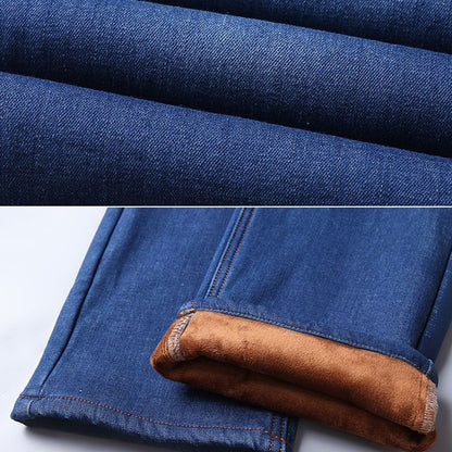 Men New Winter Warm Jeans Male Fleece Lined Thickened Denim Pants Loose Straight Cold Protection Casual Breathable Trousers
