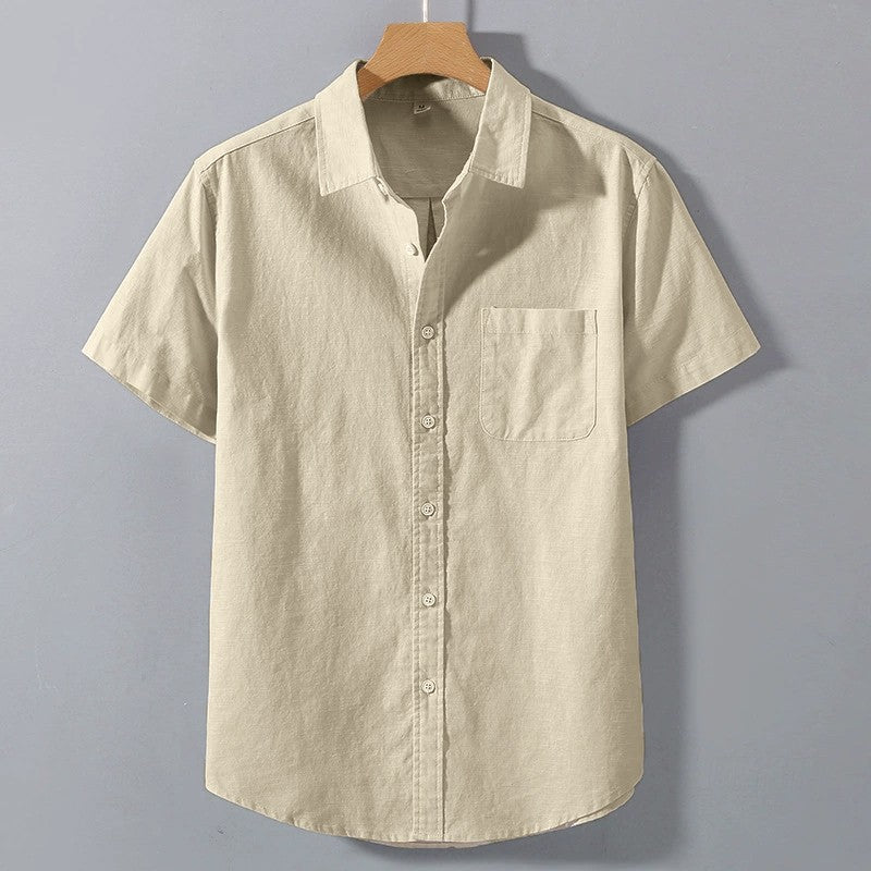 Summer Mens Short Sleeve Shirts Solid Color Stand Collar Oversize T Shirts Breathable Loose Youth Basic Cotton Pocket Shirts Man