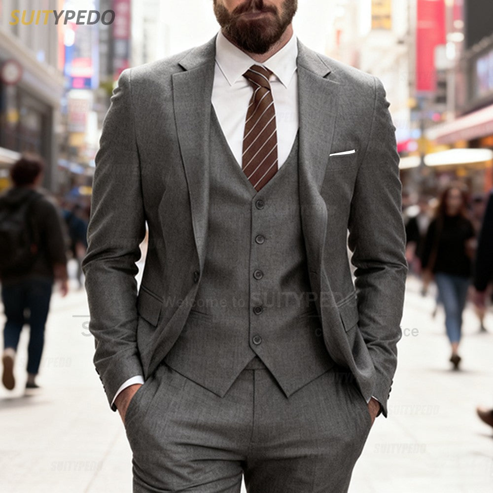 Smart Casual Slim Fit Suit Sets Elegant Notch Lapel Suit Attire 3 Pieces Blazer Vest And Pants Formal Evening Homme Costumes