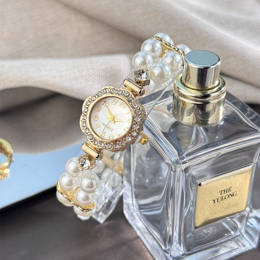 New ladies' double-row pearl diamond-encrusted elastic strap Arabic digital dial simple light luxury fashionable quartz watch