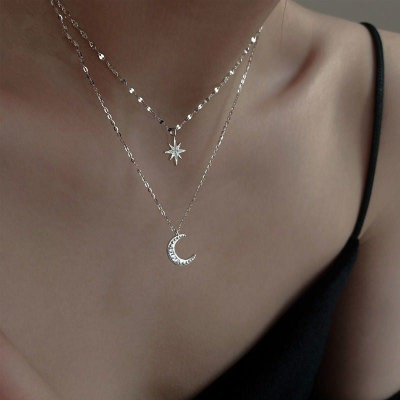 Colar de Prata 925 Feminino Camada Dupla Zircônia Estrela Lua Pingente Colar Delicado Corrente Charmosa Joia Elegante Presente da Moda
