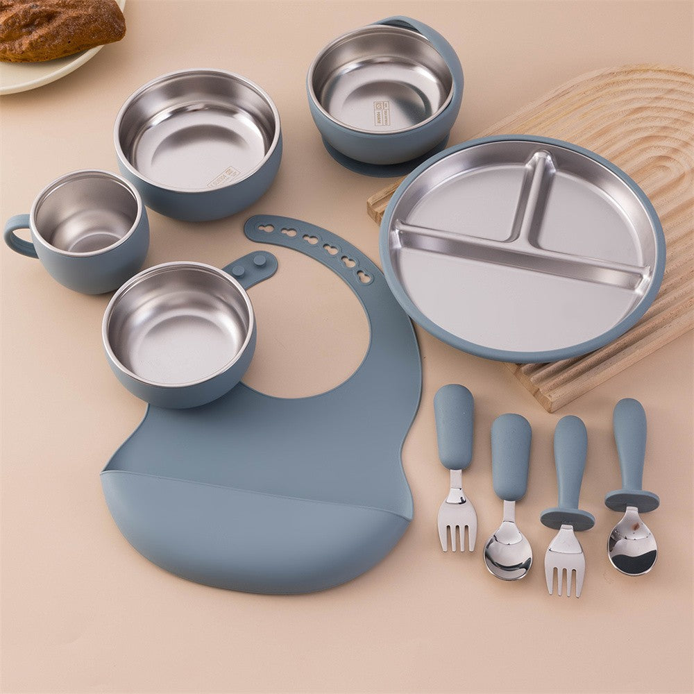 Color Kids 10PCS Infant Feeding Set Stainless Steel Silicone Tableware With Detachable Bowl Plate Bib Weaning Utensils For Baby