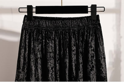 Autumn Winter Girls New A-line Velvet Skirt 2025 Plus Size Gold Velvet Half Pleated Skirt Solid Versatile High Waist Mid Skirt