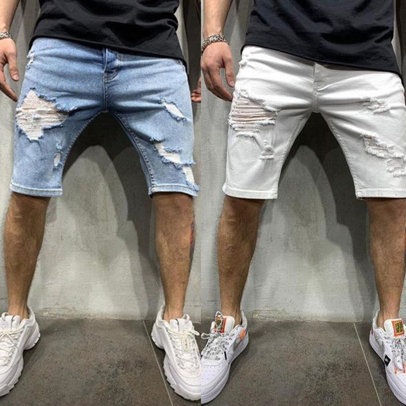 2024 Ripped tassel denim shorts New  Summer Men's Personalized Washable Perforated Denim Pants Large Casual Middle Pants