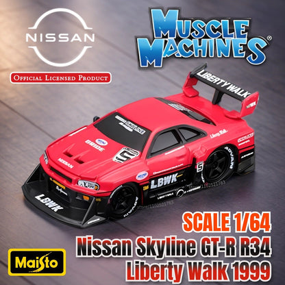 Maisto 1:64 Muscle Machines Nissan Skyline GT-R R34 Carro Modelo Diecast Escala American Monster Transport Figura Brinquedo Menino