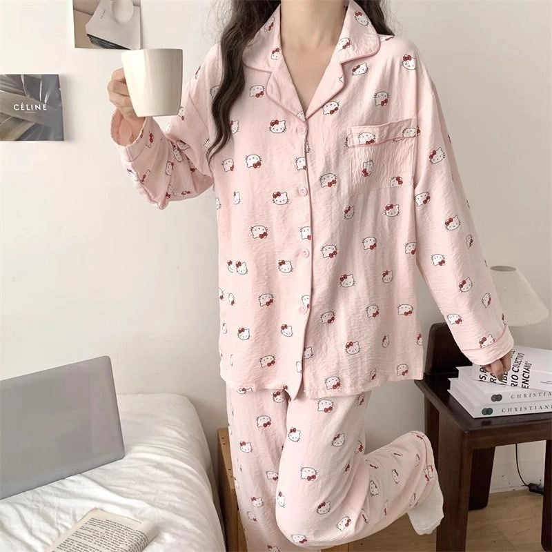 Casual Comfortable Pajama Set Autumn Winter Ins Style Kawaii Pajama Cute Girl Hello Kitty Long Sleeve Top and Pant Home Clothing