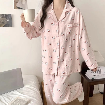 Casual Comfortable Pajama Set Autumn Winter Ins Style Kawaii Pajama Cute Girl Hello Kitty Long Sleeve Top and Pant Home Clothing