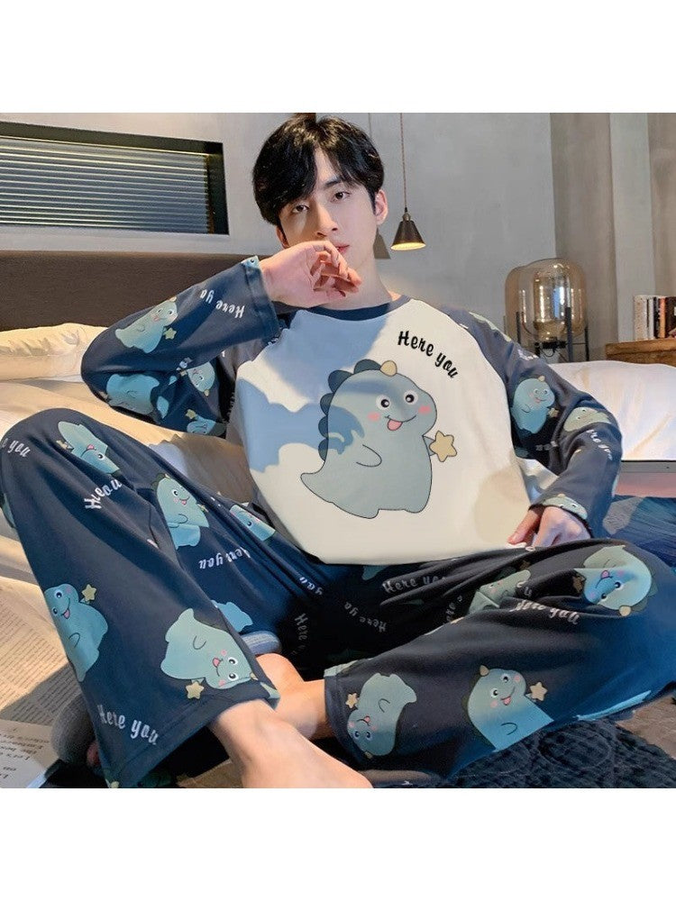 Pajamas Set of Men Cotton Long-Sleeved Simple Cartoon Dinosaur Sleepwear Homewear Students Two-Piece Nightwear Loungewear