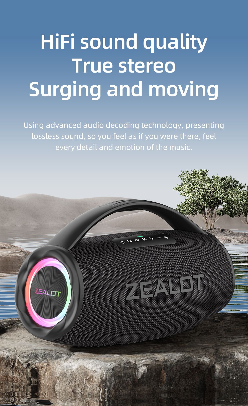 Caixa de som sem fio ZEALOT S97 80W, alto-falante subwoofer portátil para uso externo, qualidade de som Hi-fi, emparelhamento duplo, carregamento rápido, 16000mAh.