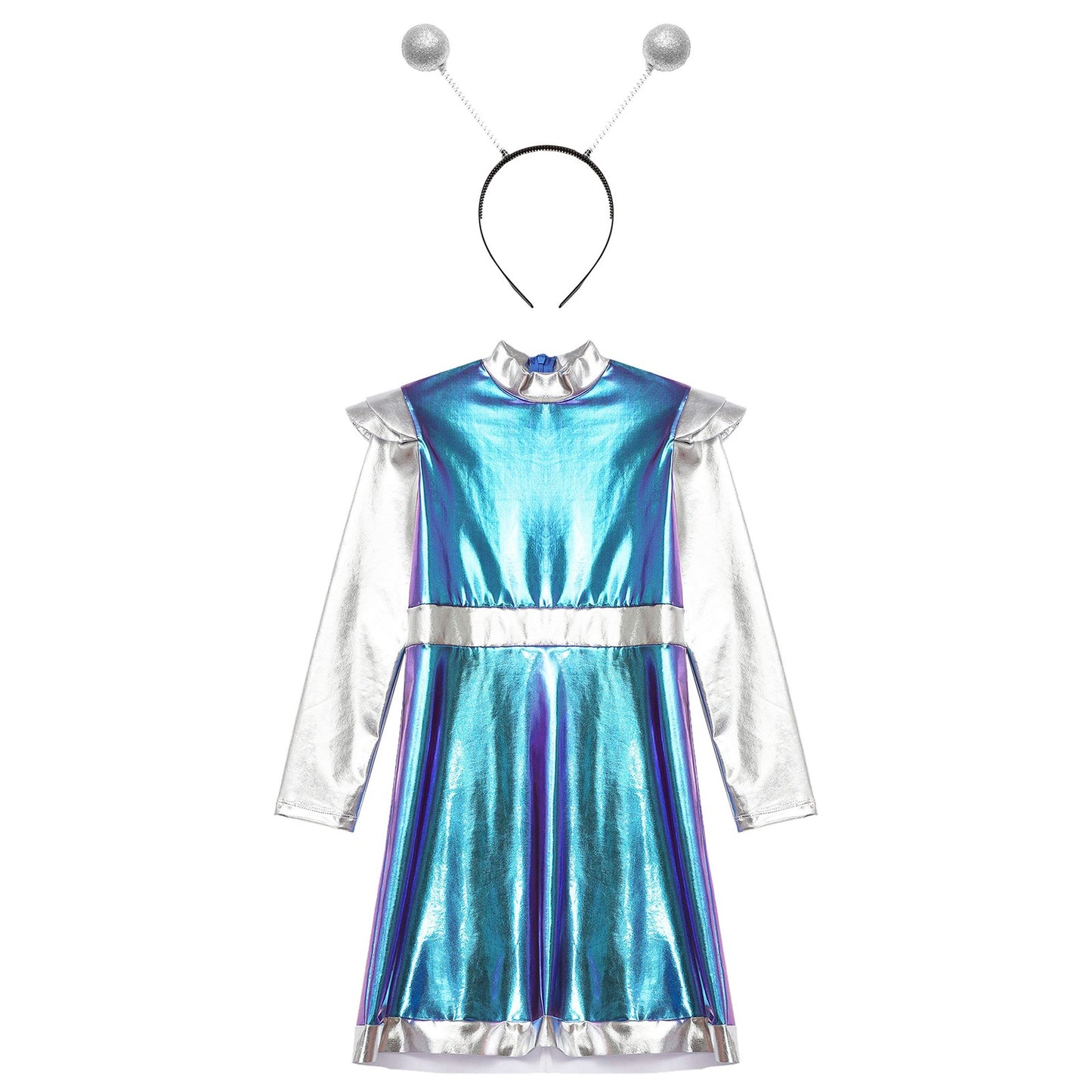 Kids Alien Cosplay Costume Outfits Boys Girls Metallic Shiny Alien Jumpsuit Halloween Full Length Bodysuit with Hair Hoop Suit