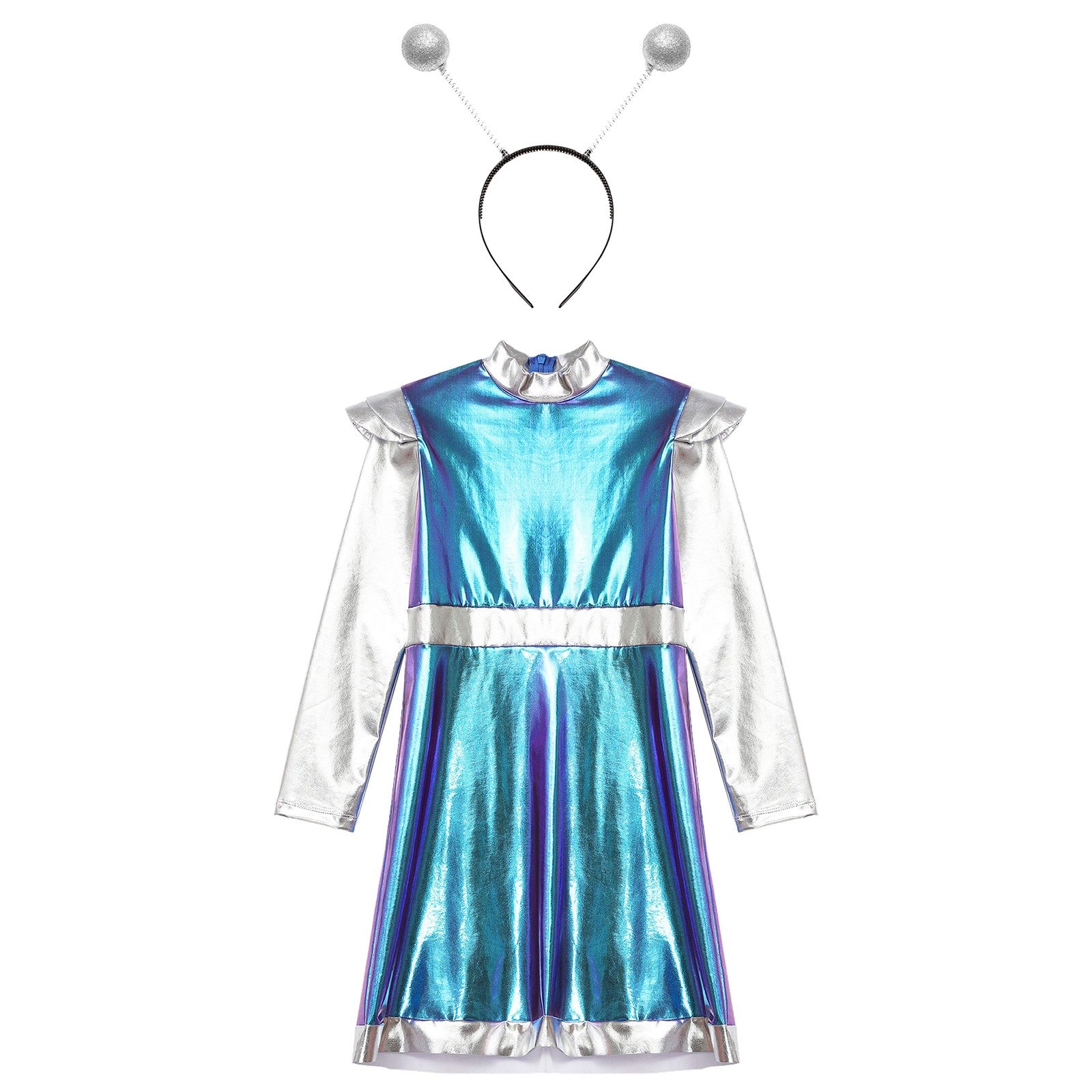 Kids Alien Cosplay Costume Outfits Boys Girls Metallic Shiny Alien Jumpsuit Halloween Full Length Bodysuit with Hair Hoop Suit