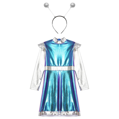 Kids Alien Cosplay Costume Outfits Boys Girls Metallic Shiny Alien Jumpsuit Halloween Full Length Bodysuit with Hair Hoop Suit