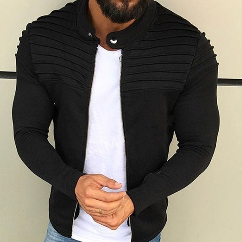 Autumn Sports Casual Men Jacket Men's Pleats Slim Stripe Fit Jacket Zipper Long Sleeve Coat Cardigan Coat