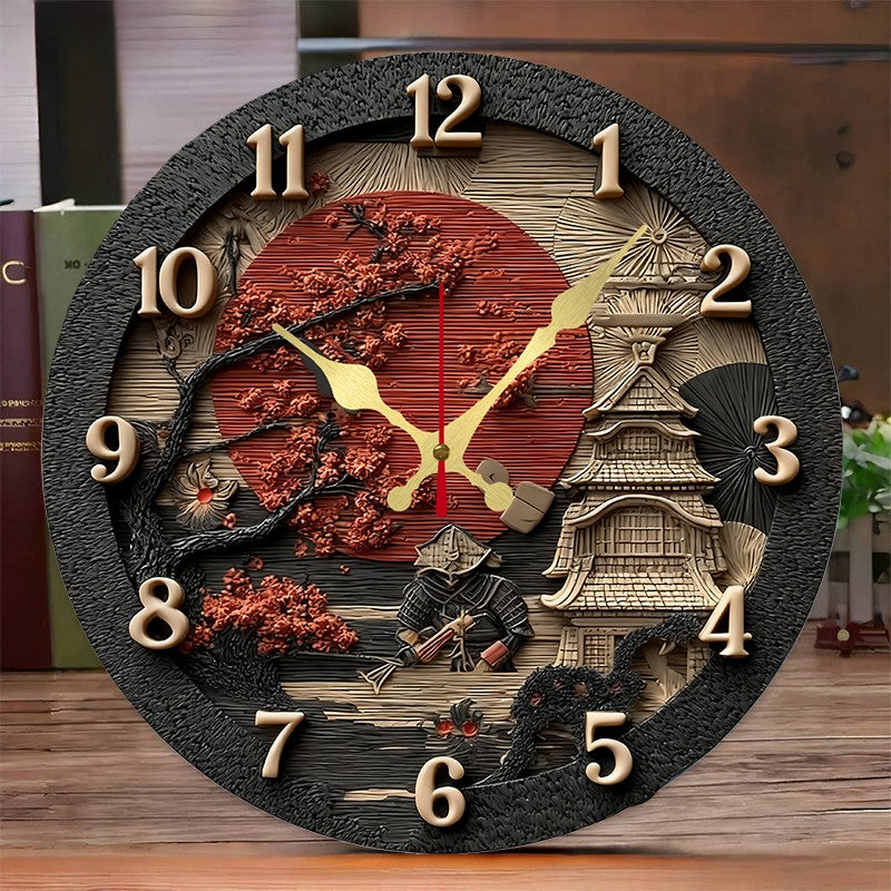 Samurai Themed Wooden Round Silent Hanging Wall Clock, Suitable For Living Room, Office, Study Room, Bedroom, Home Decoration