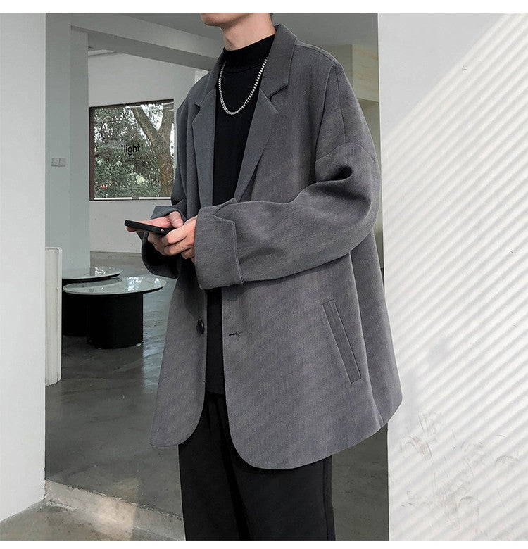 Autumn Men's Casual Solid Color Blazer Korean Style Business Single Trendy Oversize Business Suit Jackets Retro Daily Streetwear