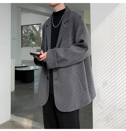 Autumn Men's Casual Solid Color Blazer Korean Style Business Single Trendy Oversize Business Suit Jackets Retro Daily Streetwear