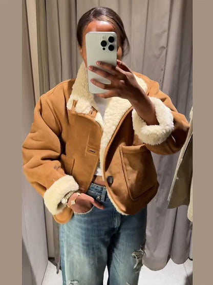 Suede Plush Both Sides Women's Coat Jacket Single Breasted Stand-Up Collar Pockets Female Jackets Autumn Loose Solid Coat Ladies