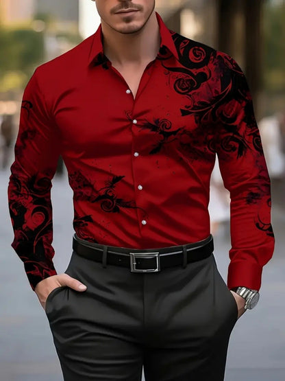Men's floral-print ethnic-style blouse, Western-style denim shirt, long-sleeved