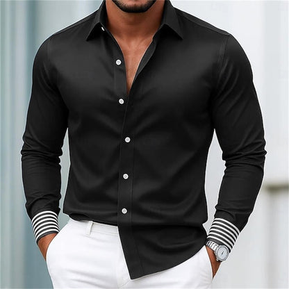 Fashionable men's long sleeved shirt with slim fit collar button solid color casual party plus size men's shirt