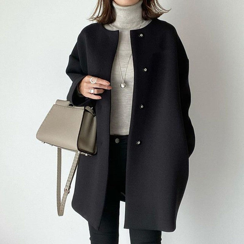 Women Round Collar Long Sleeve Double Breasted Button Woolen Blends Autumn Winter Thicken Loose Overcoats JYFS-1222